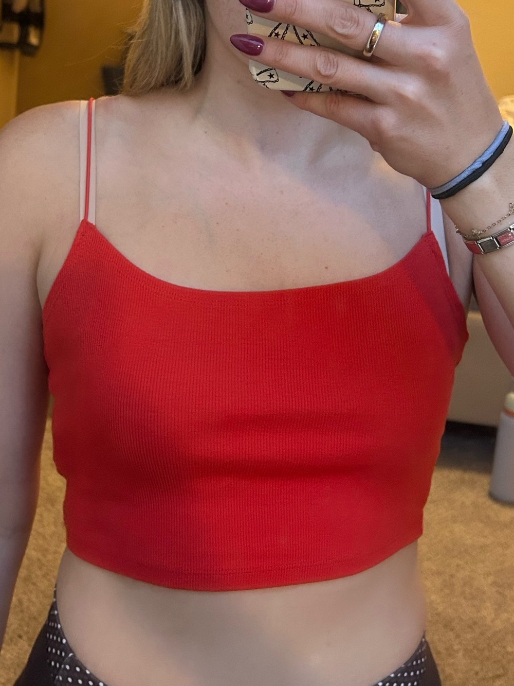 H&M Red Ribbed Cropped Cami Tank Top